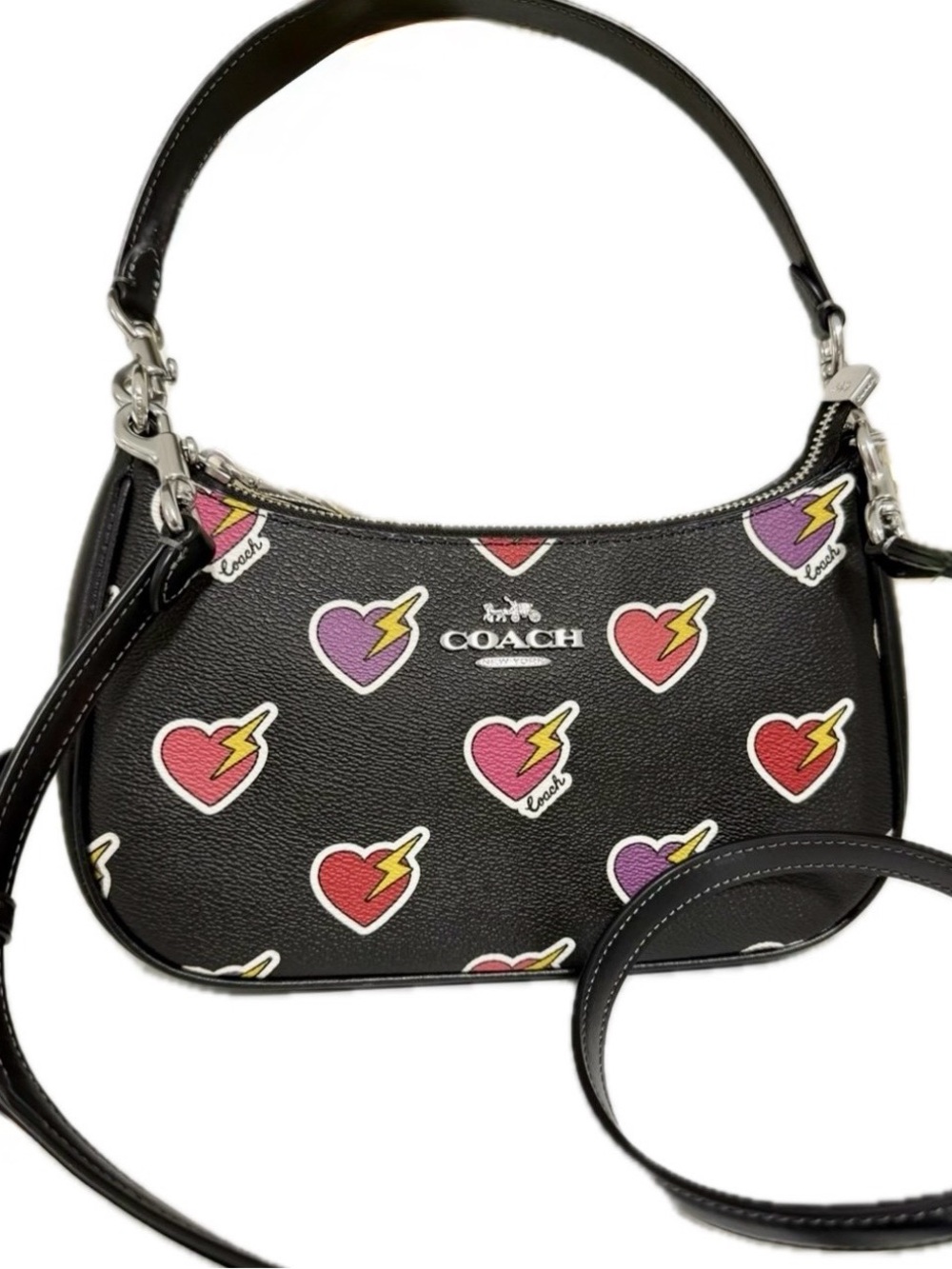 Coach CY346 Teri Shoulder shoulder crossbody Bag w Heart Bolt Print Black - EUC